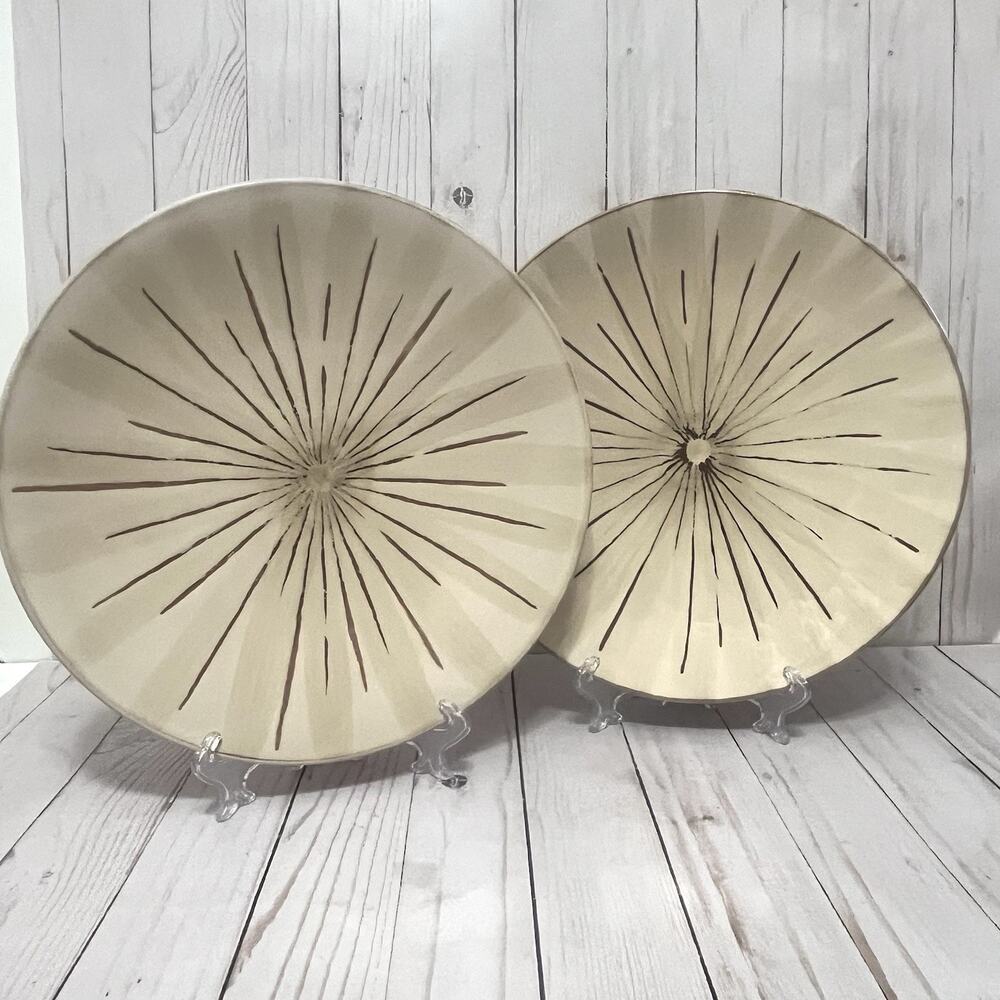 PIER 1 Sanctuary Stoneware 11.5” Dinner Plates Brown MCM Starburst - Set Of 2